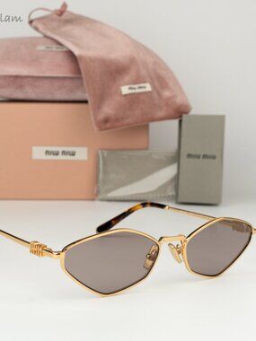 Miu Miu Women Sunglasses Gold Grey Geometric MU56ZS REGARD ZVN5S0 NEW AUTHENTIC